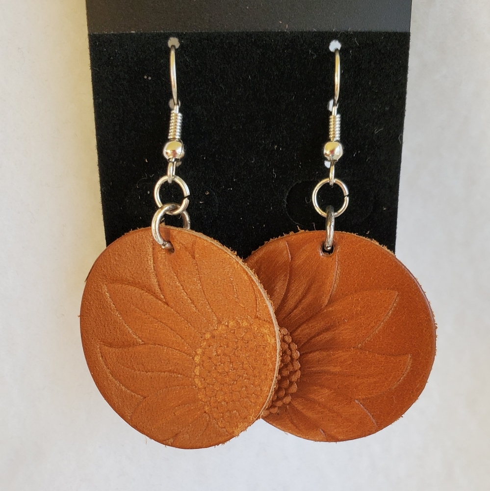 Womens sunflower leather look hook earrings